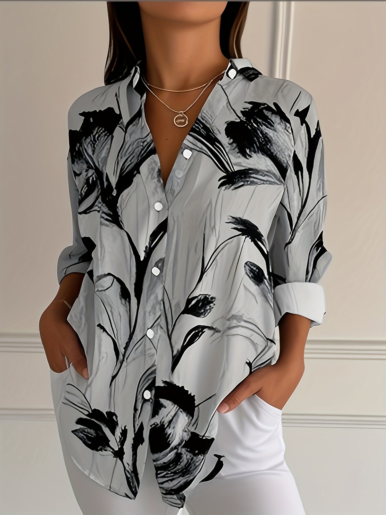 Selavynne | Mujer Blusa de Manga Larga con Estampado Floral y Botones