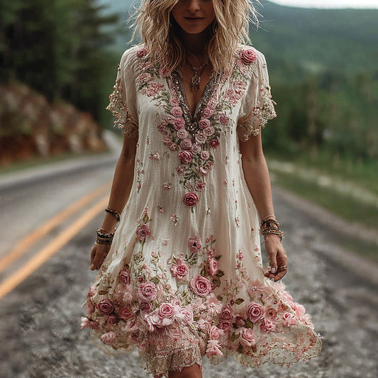 Ruby | Mujer Vestido con Escote en V y Bordado Floral