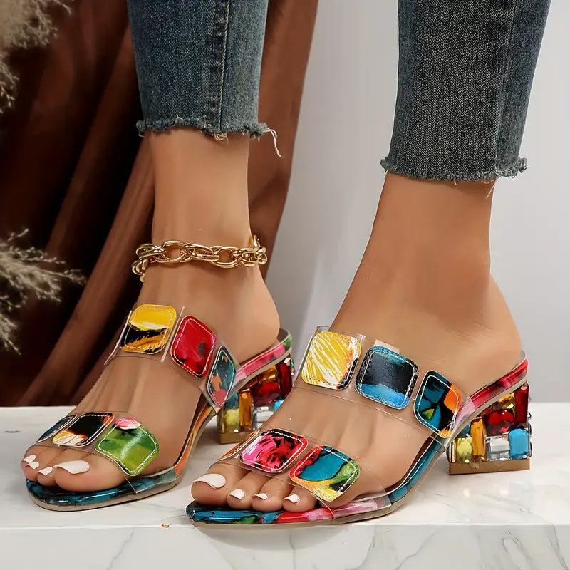 Lymber | Mujer Sandalias de Tacón Cuadrado con Estampado de Mosaico