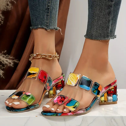 Lymber | Mujer Sandalias de Tacón Cuadrado con Estampado de Mosaico