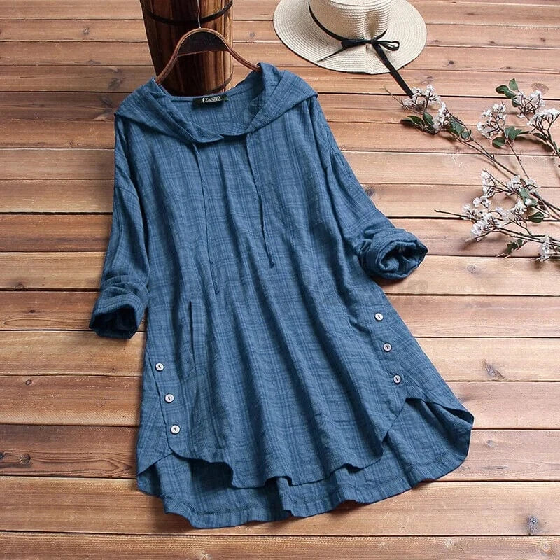 Elisa | Mujer Túnica Boho de Algodón con Capucha y Dobladillo Hi-Low