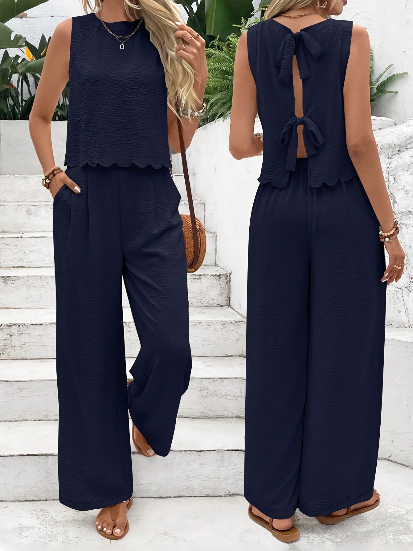 Gerda | Mujer Conjunto con Top de Espalda Abierta y Pantalón Ancho