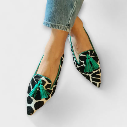Julia | Mujer Mocasines en Punta con Estampado Animal y Flecos