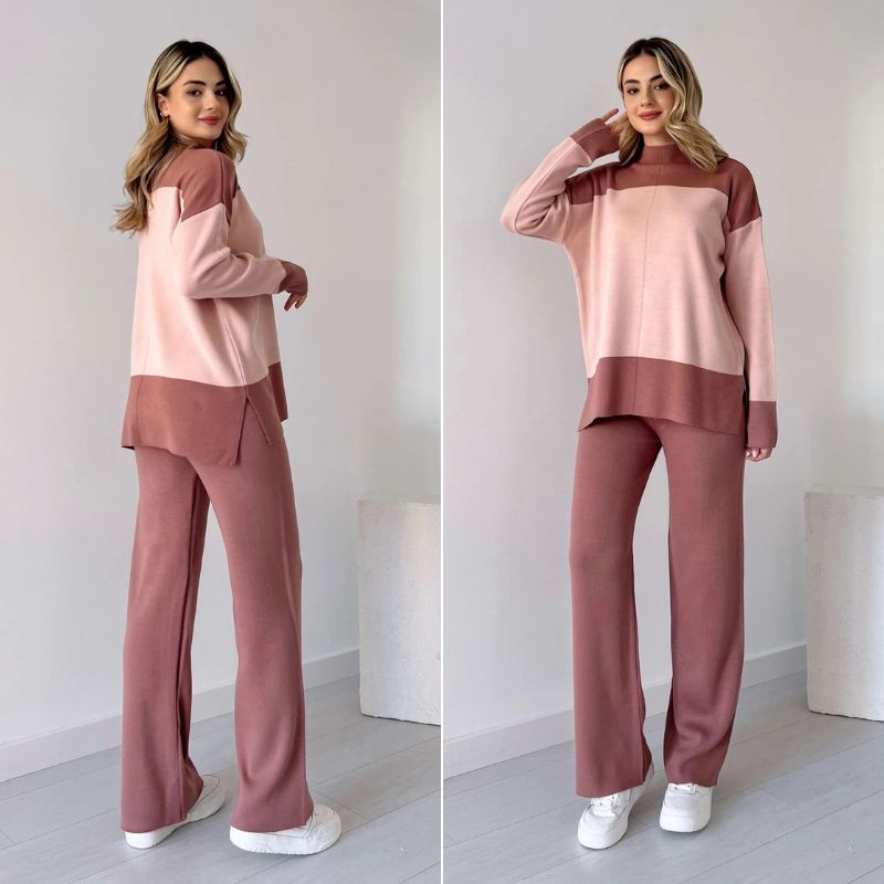 Elin | Mujer Conjunto de Punto Suéter y Pantalón con Bloques de Color