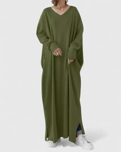 Avelina | Mujer Vestido Maxi de Manga Larga con Escote en V y Bolsillos