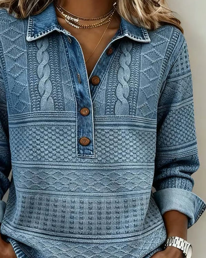 Jillian | Mujer Suéter Texturizado Estilo Denim con Cuello de Botones