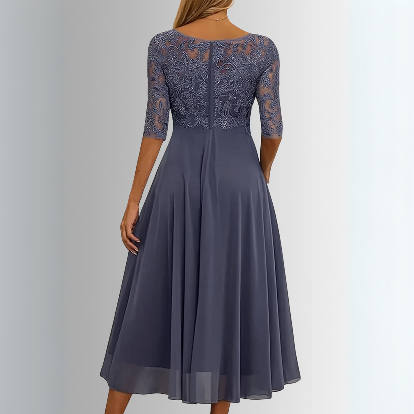 Catriona | Mujer Vestido de Noche de Malla Bordada con Mangas Transparentes