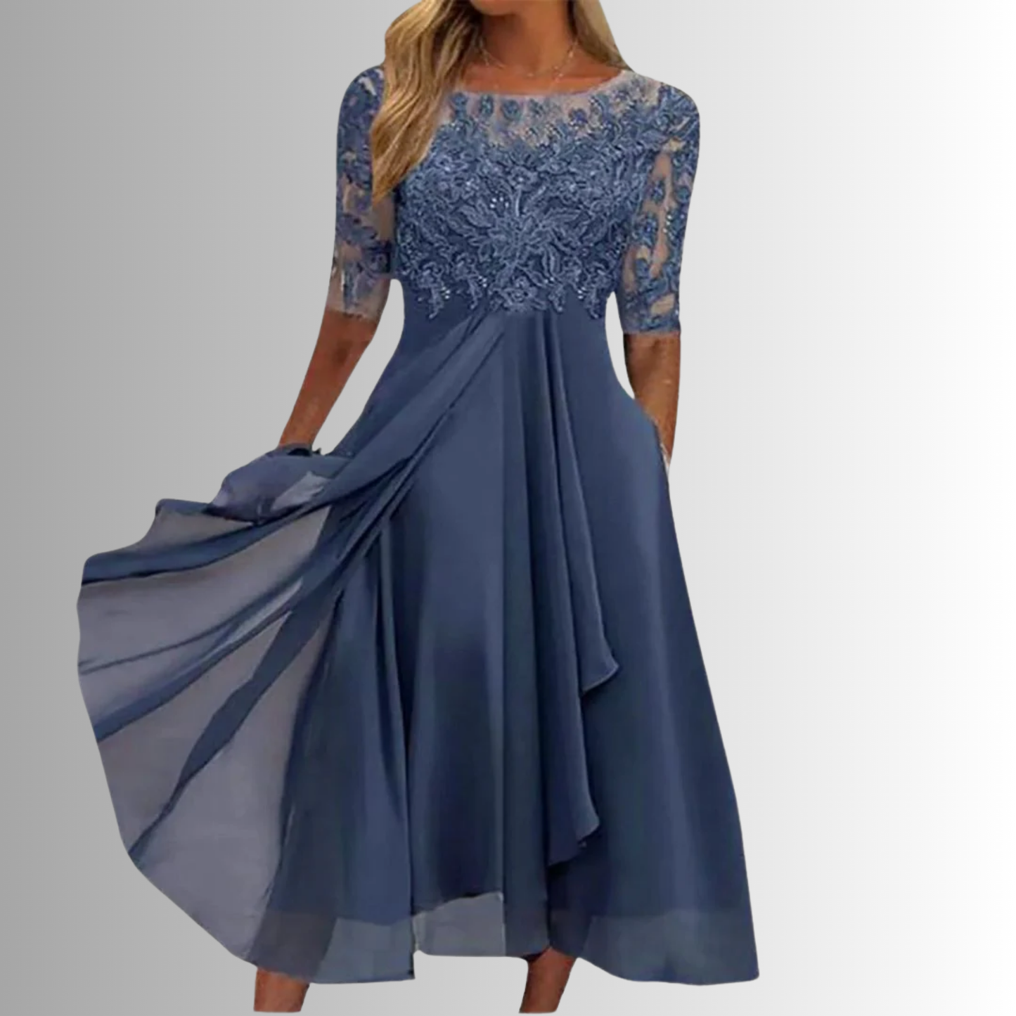Catriona | Mujer Vestido de Noche de Malla Bordada con Mangas Transparentes