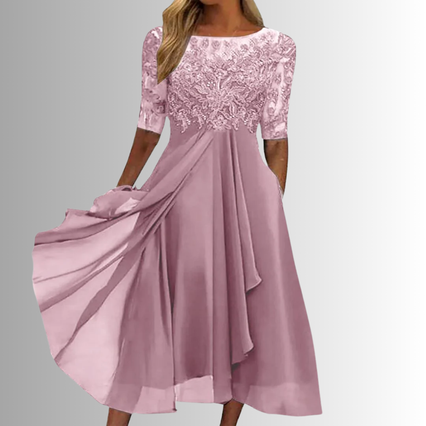 Catriona | Mujer Vestido de Noche de Malla Bordada con Mangas Transparentes