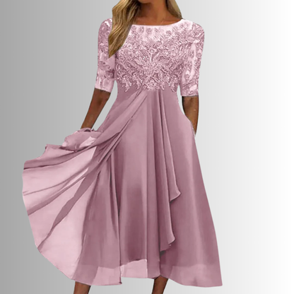 Catriona | Mujer Vestido de Noche de Malla Bordada con Mangas Transparentes