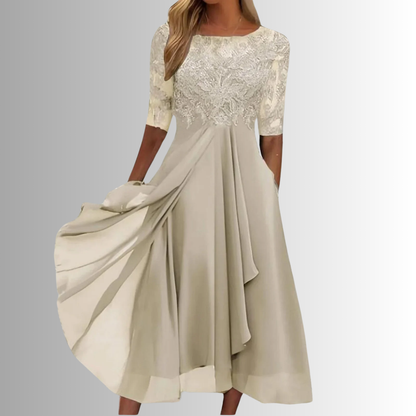 Catriona | Mujer Vestido de Noche de Malla Bordada con Mangas Transparentes