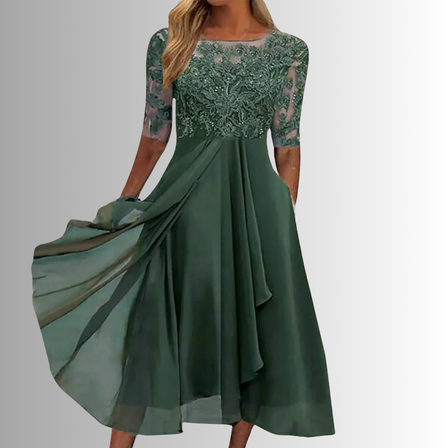 Catriona | Mujer Vestido de Noche de Malla Bordada con Mangas Transparentes