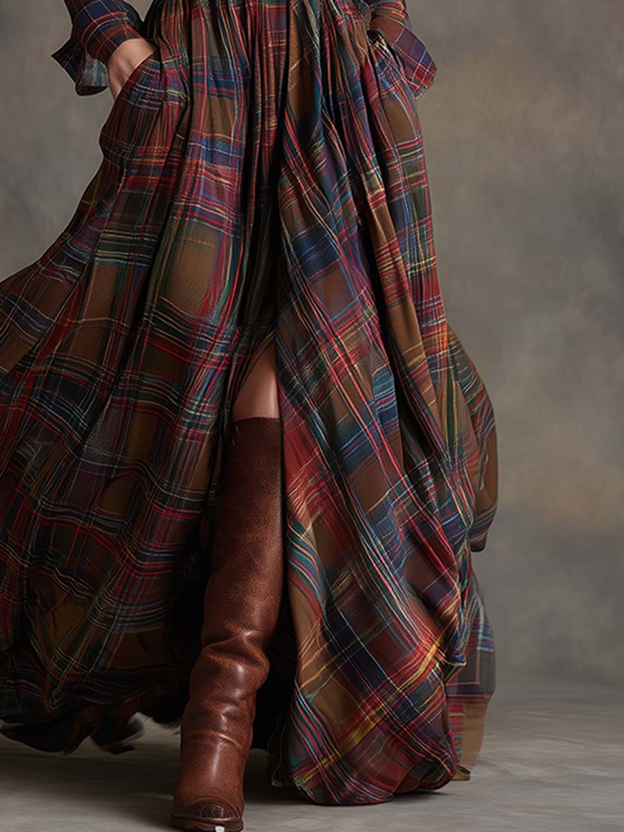 Lala | Mujer Vestido Camisero Maxi a Cuadros con Cinturón