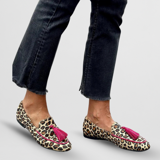 Dahlia | Mujer Mocasines con Estampado Animal y Flecos