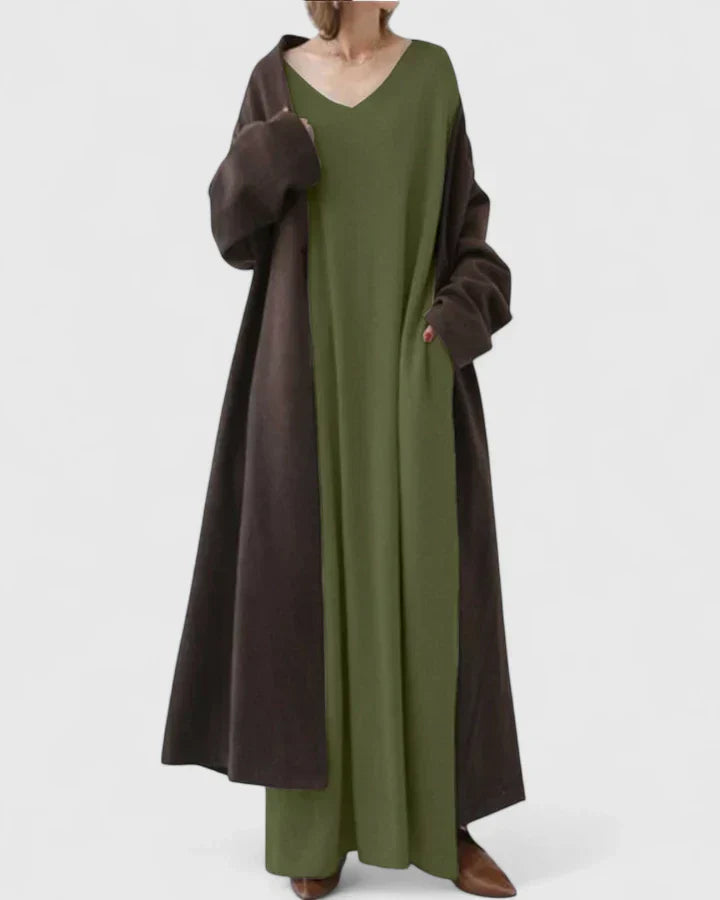 Avelina | Mujer Vestido Maxi de Manga Larga con Escote en V y Bolsillos