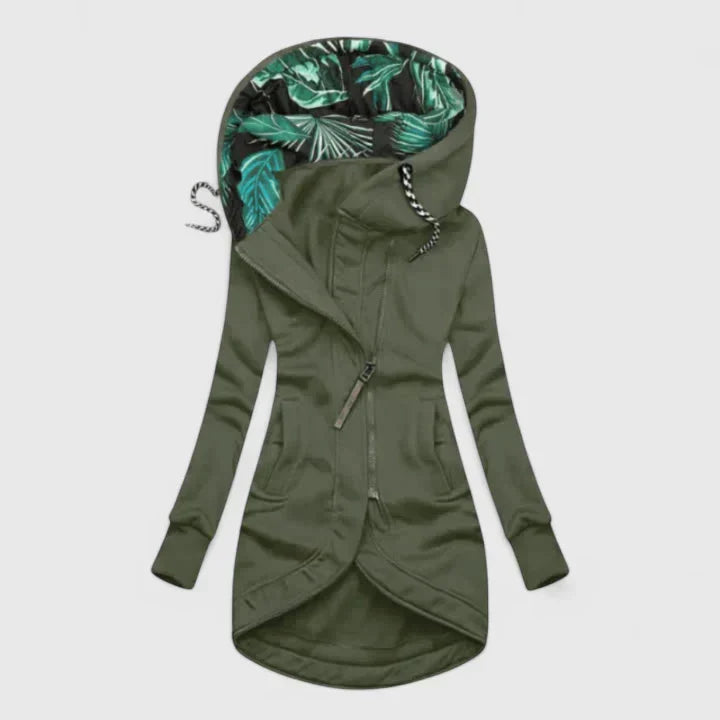 Perrie | Mujer Chaqueta Forro Polar con Capucha Tropical y Cremallera Asimétrica
