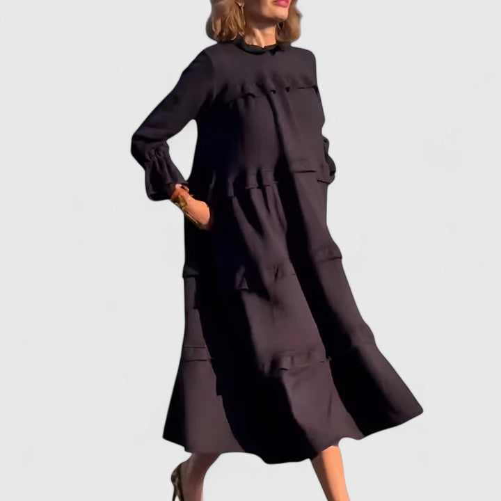 Wendy | Mujer Vestido Midi en Capas con Cuello Alto y Volante