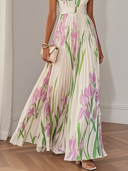 Lila | Mujer Maxi Vestido Floral con Detalles Plisados