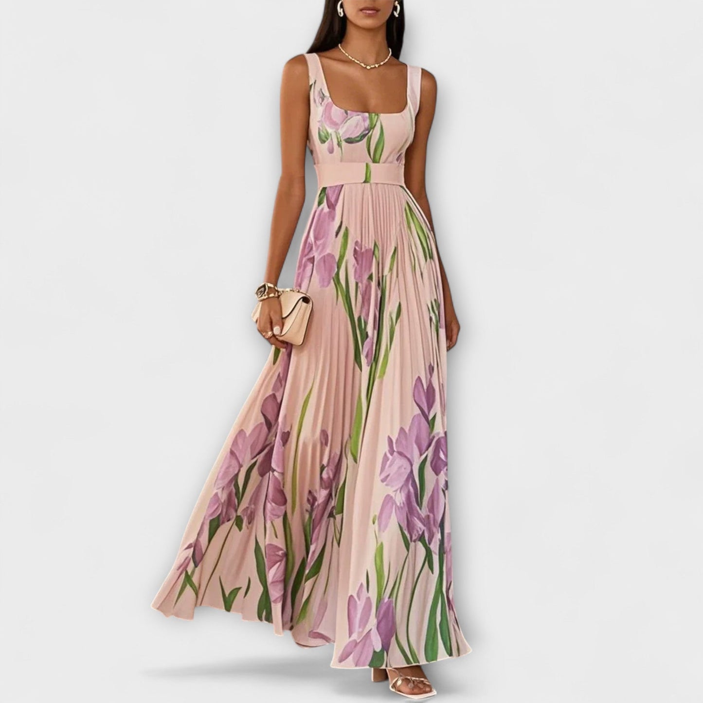 Sofia | Mujer Vestido Maxi Floral con Escote Cuadrado y Falda Plisada