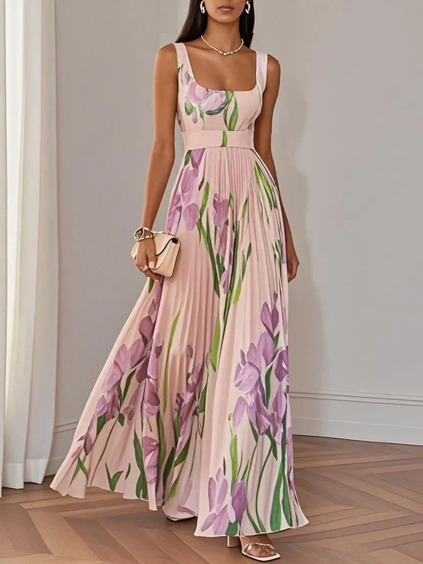 Lila | Mujer Maxi Vestido Floral con Detalles Plisados