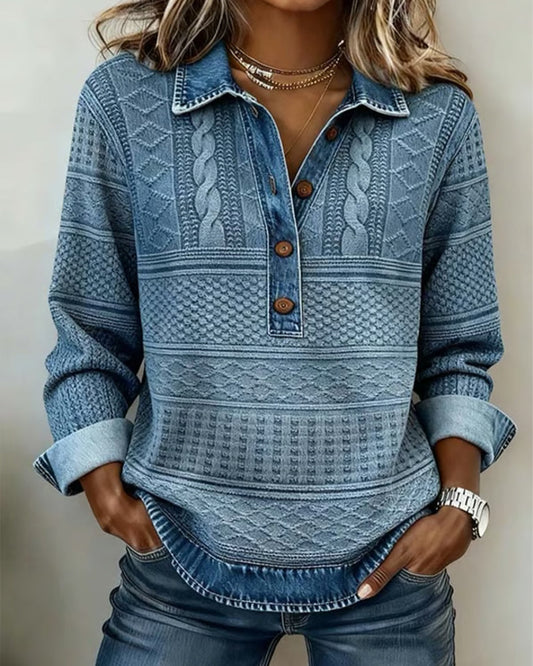 Jillian | Mujer Suéter Texturizado Estilo Denim con Cuello de Botones