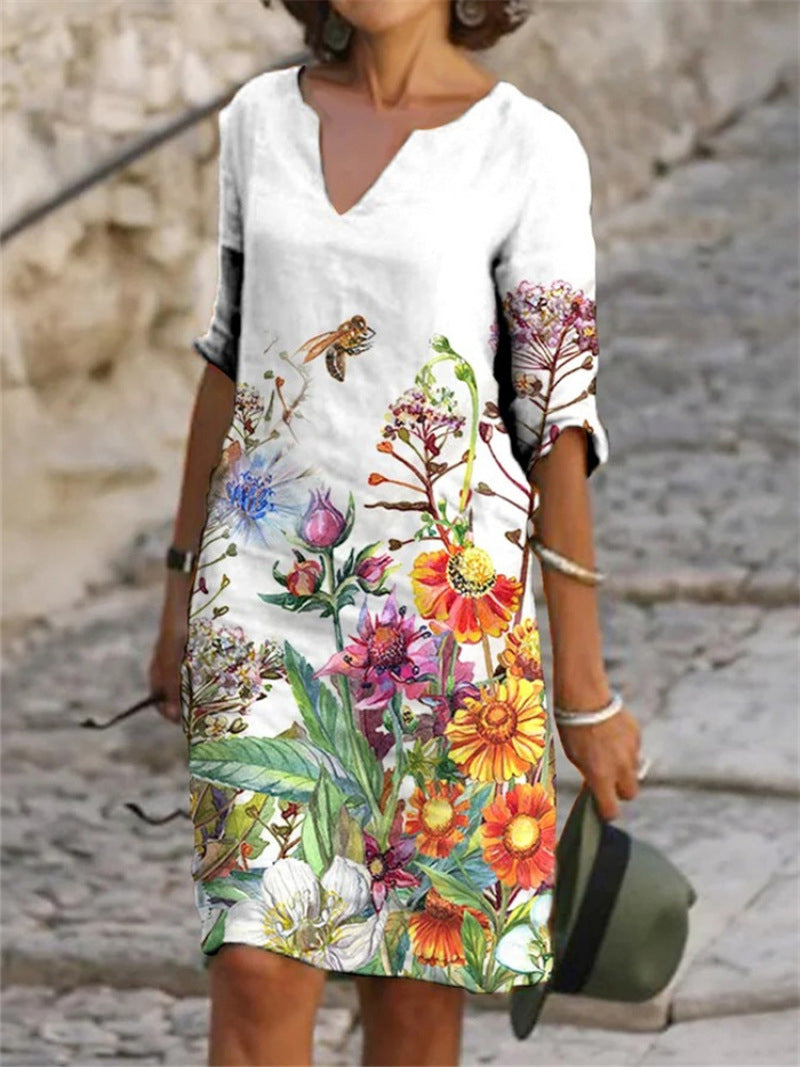 Heidi | Mujer Vestido Floral con Escote en V y Manga Tres Cuartos