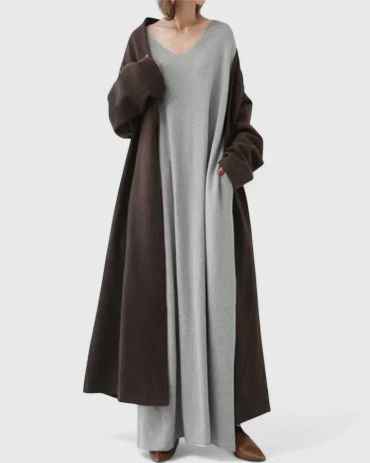 Avelina | Mujer Vestido Maxi de Manga Larga con Escote en V y Bolsillos