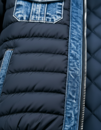 Jake | Hombre Chaqueta Puffer Híbrida de Denim con Cuello Alto