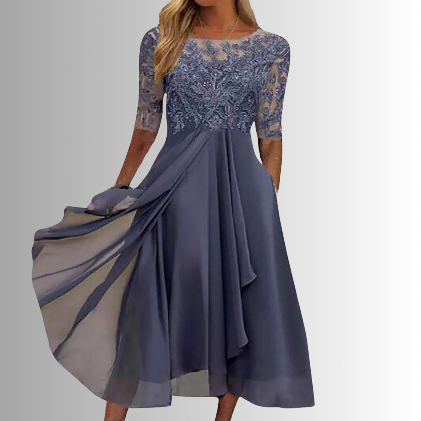 Catriona | Mujer Vestido de Noche de Malla Bordada con Mangas Transparentes