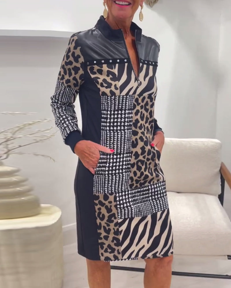 Thalivella | Mujer Vestido Recto Patchwork con Cuello Alto y Cremallera