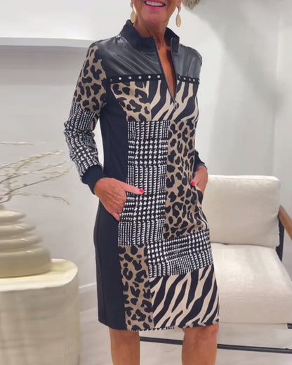 Thalivella | Mujer Vestido Recto Patchwork con Cuello Alto y Cremallera