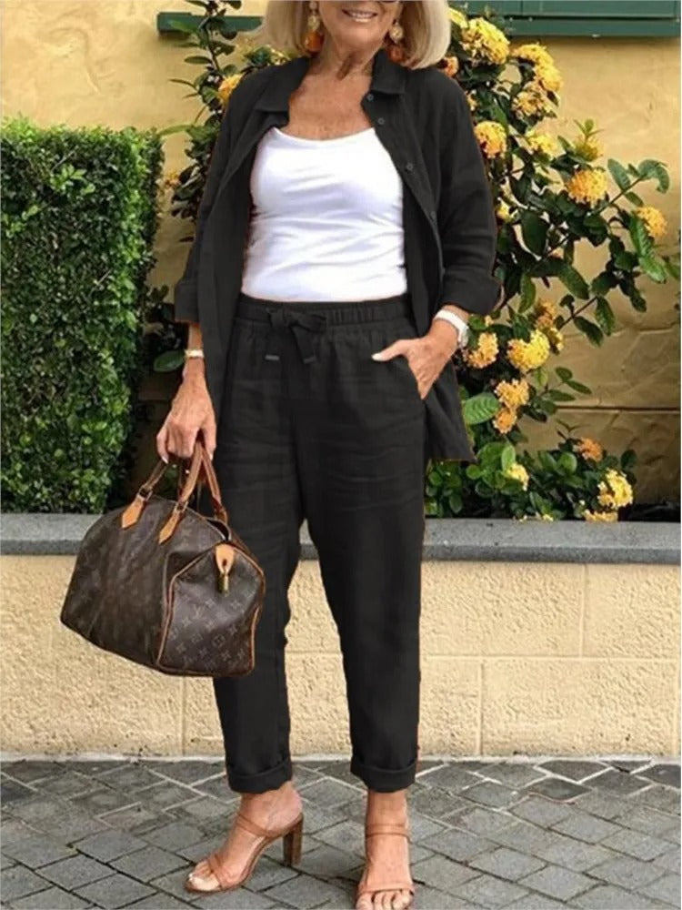 Inez | Mujer Conjunto de Camisa de Manga Larga y Pantalón de Brocado