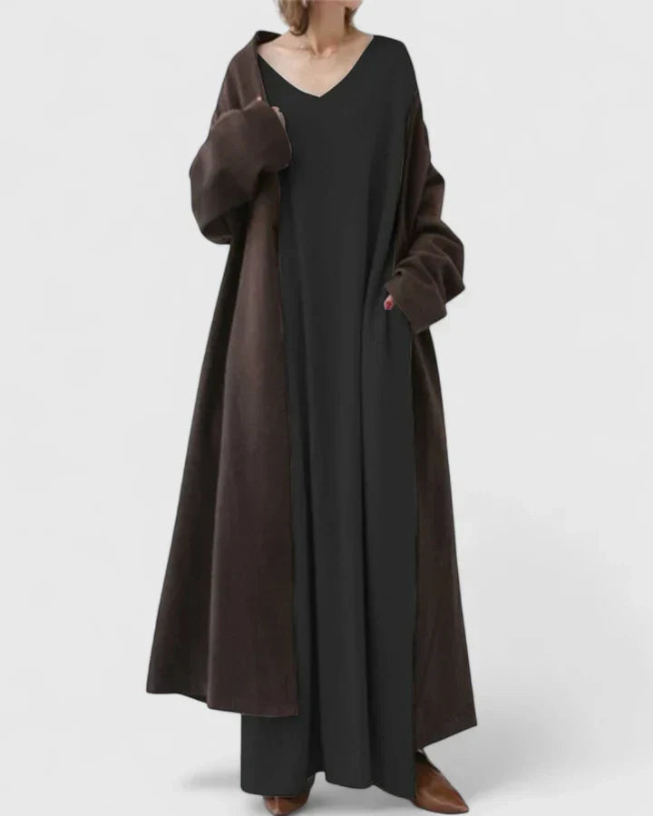 Avelina | Mujer Vestido Maxi de Manga Larga con Escote en V y Bolsillos