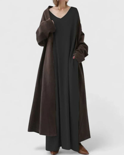 Avelina | Mujer Vestido Maxi de Manga Larga con Escote en V y Bolsillos