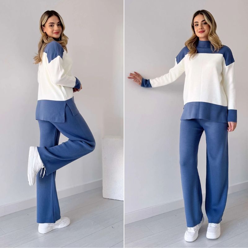 Elin | Mujer Conjunto de Punto Suéter y Pantalón con Bloques de Color