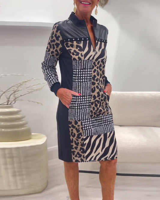 Thalivella | Mujer Vestido Recto Patchwork con Cuello Alto y Cremallera