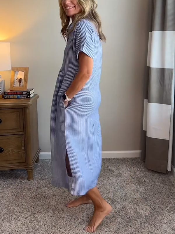 Claire | Mujer Vestido Camisero a Rayas con Botones y Cuello