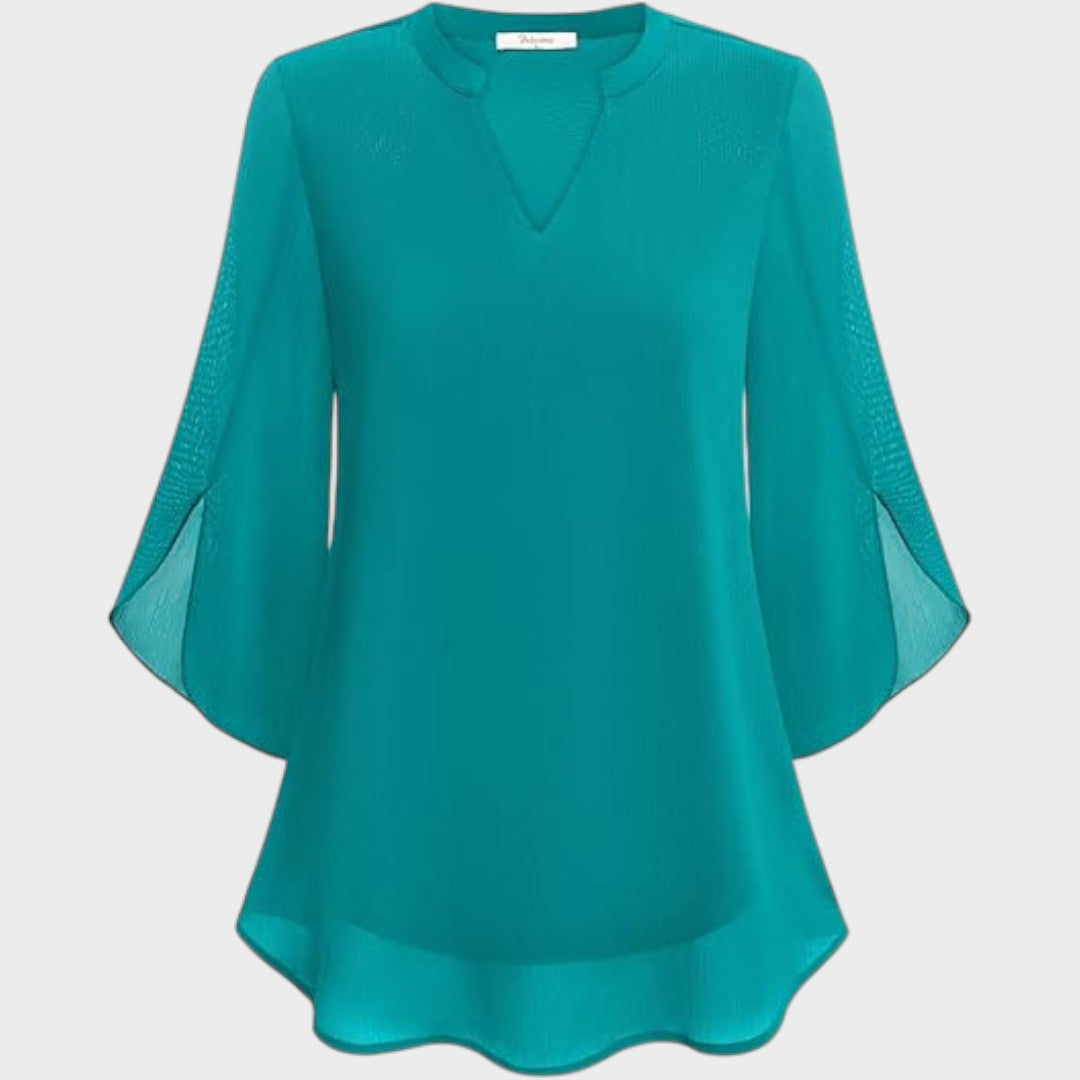 Elena | Mujer Blusa Fluida con Escote en V y Mangas Transparentes