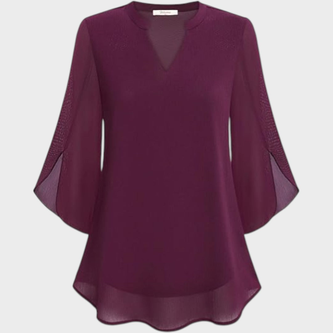 Elena | Mujer Blusa Fluida con Escote en V y Mangas Transparentes