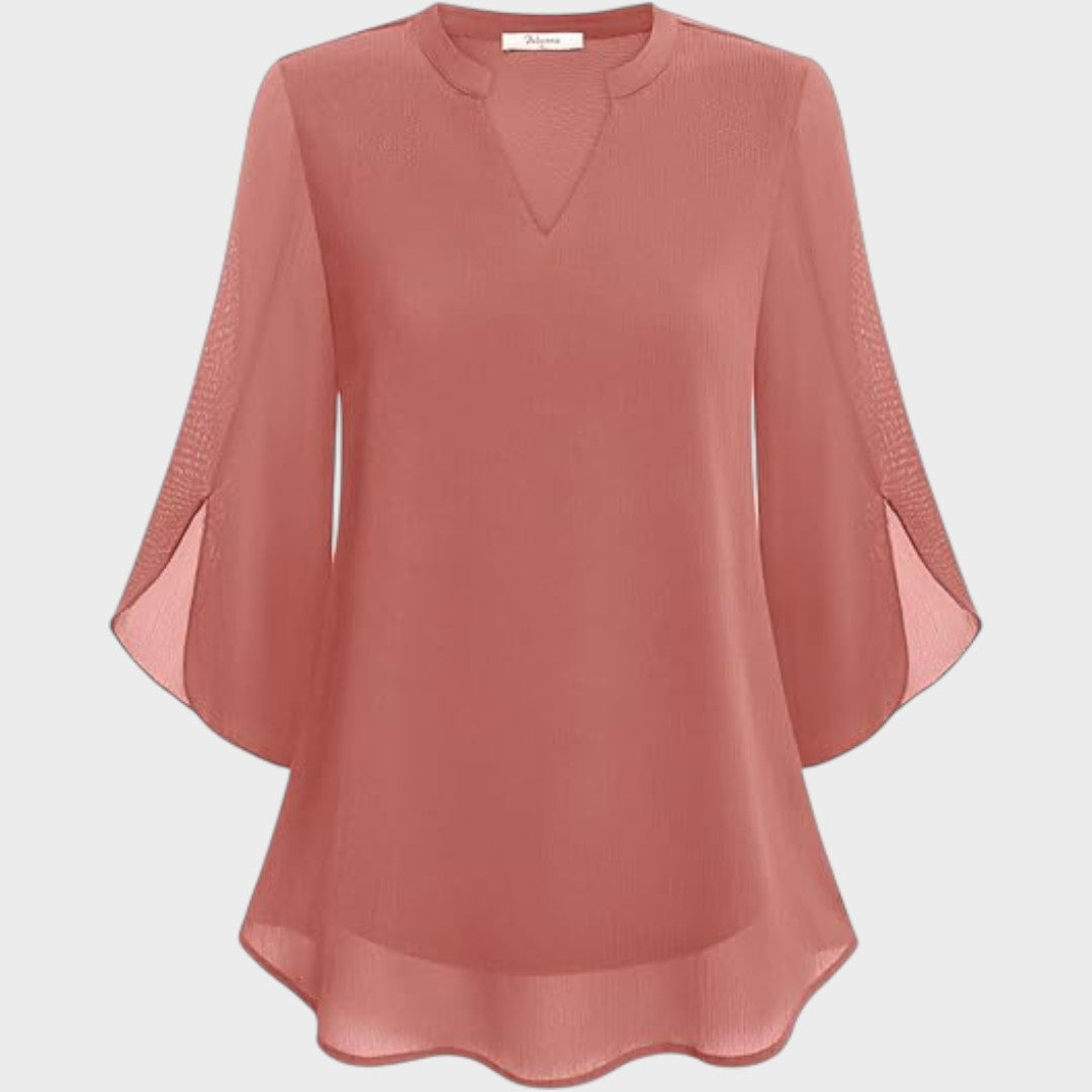 Elena | Mujer Blusa Fluida con Escote en V y Mangas Transparentes