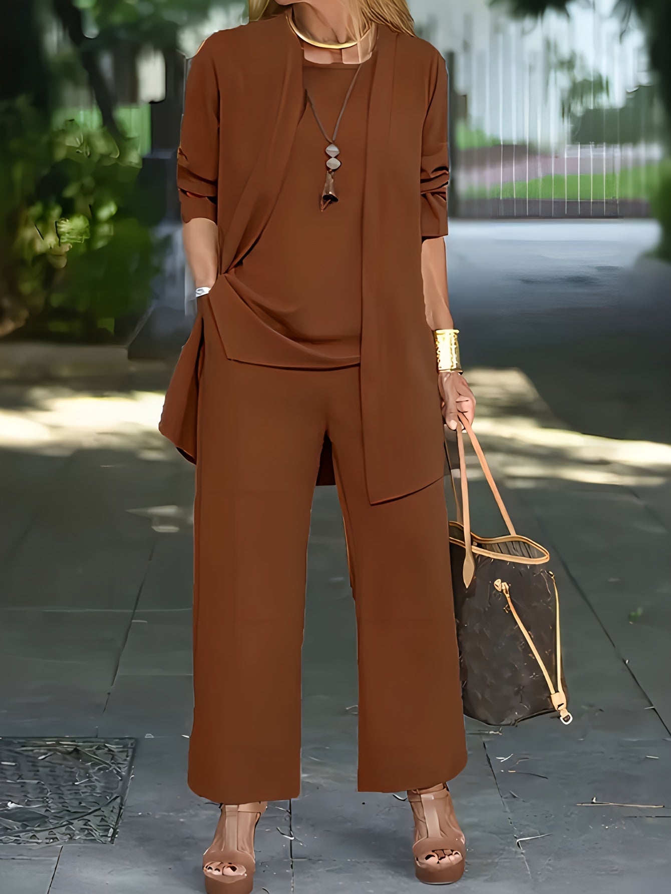 Melissa | Mujer Conjunto de Tres Piezas con Chaqueta Abierta y Pantalón Ancho