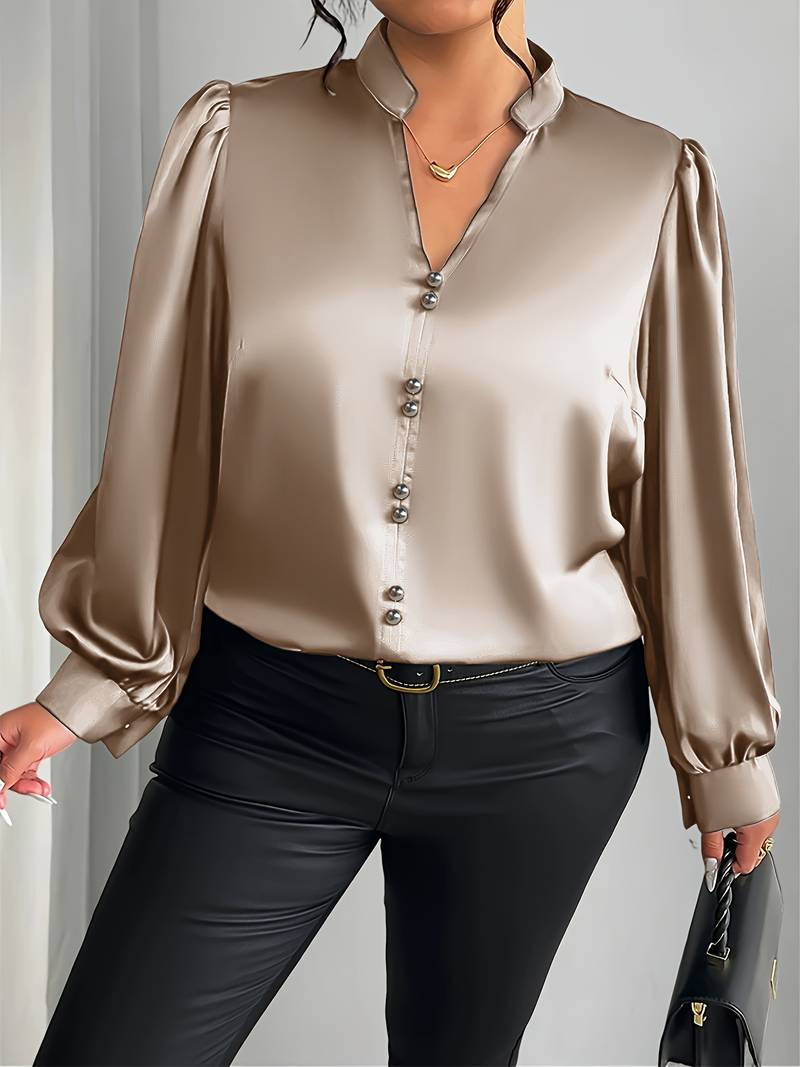 Thaliravelle | Mujer Blusa Satinada con Escote en V y Mangas Abullonadas