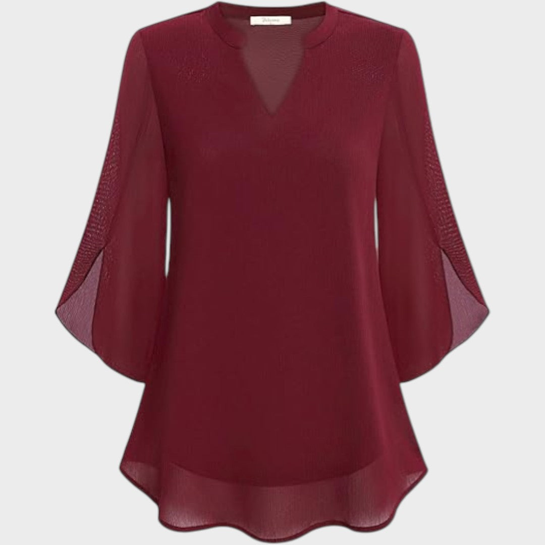 Elena | Mujer Blusa Fluida con Escote en V y Mangas Transparentes