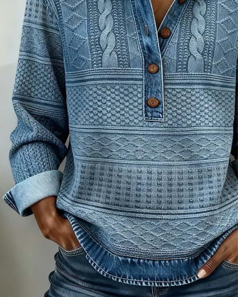Jillian | Mujer Suéter Texturizado Estilo Denim con Cuello de Botones