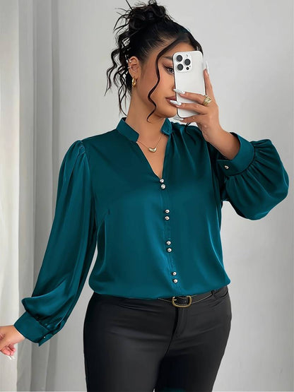 Thaliravelle | Mujer Blusa Satinada con Escote en V y Mangas Abullonadas