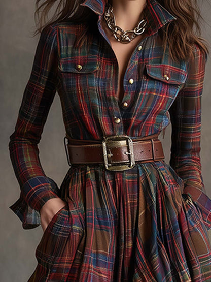 Lala | Mujer Vestido Camisero Maxi a Cuadros con Cinturón