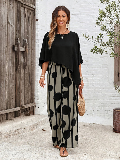 Albertina | Mujer Conjunto Boho de Top Asimétrico y Pantalón Ancho