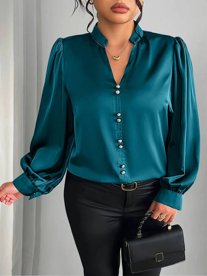 Thaliravelle | Mujer Blusa Satinada con Escote en V y Mangas Abullonadas