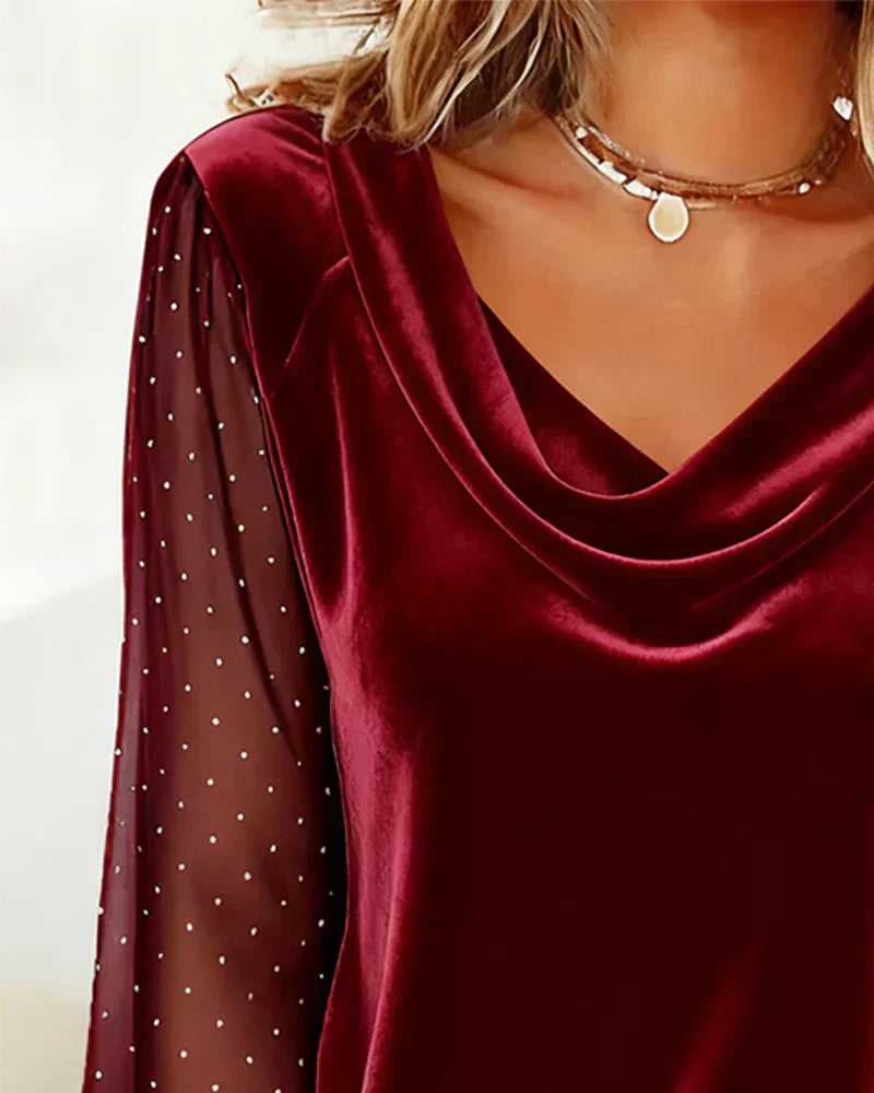 Lunavessia | Mujer Blusa con Cuello Drapeado y Mangas Transparentes