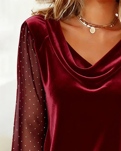 Lunavessia | Mujer Blusa con Cuello Drapeado y Mangas Transparentes